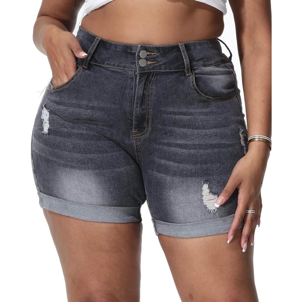 Gocolloa Womens Plus Size Jean Shorts High‎ Waisted Distressed Gray 26W Fold Hem